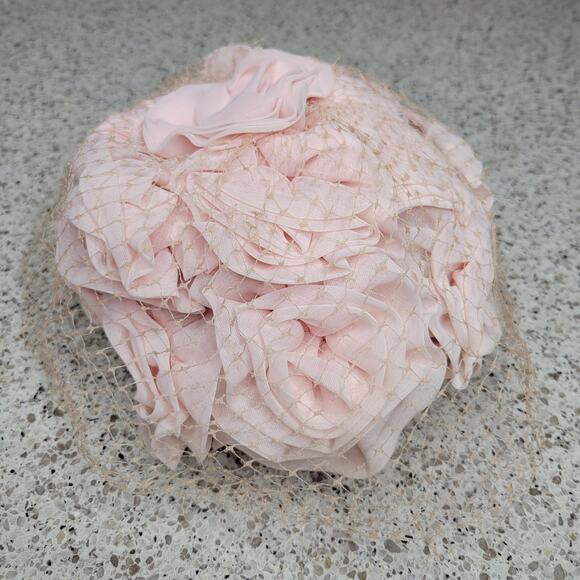 VTG Union Made MCM Light Pink Chiffon Floral Veiled Hat Pillbox Kentucky Derby - Picture 14 of 16